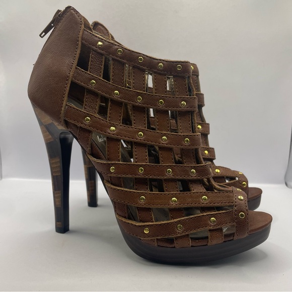 Y2K BabyPhat Brown Leather Strappy Heeled Sandals W Gold Studs - Picture 1 of 16